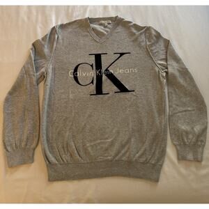 Calvin Klein Men's V Neck Sweater Gray Logo Medium Y2k 90s Classic Pullover Knit